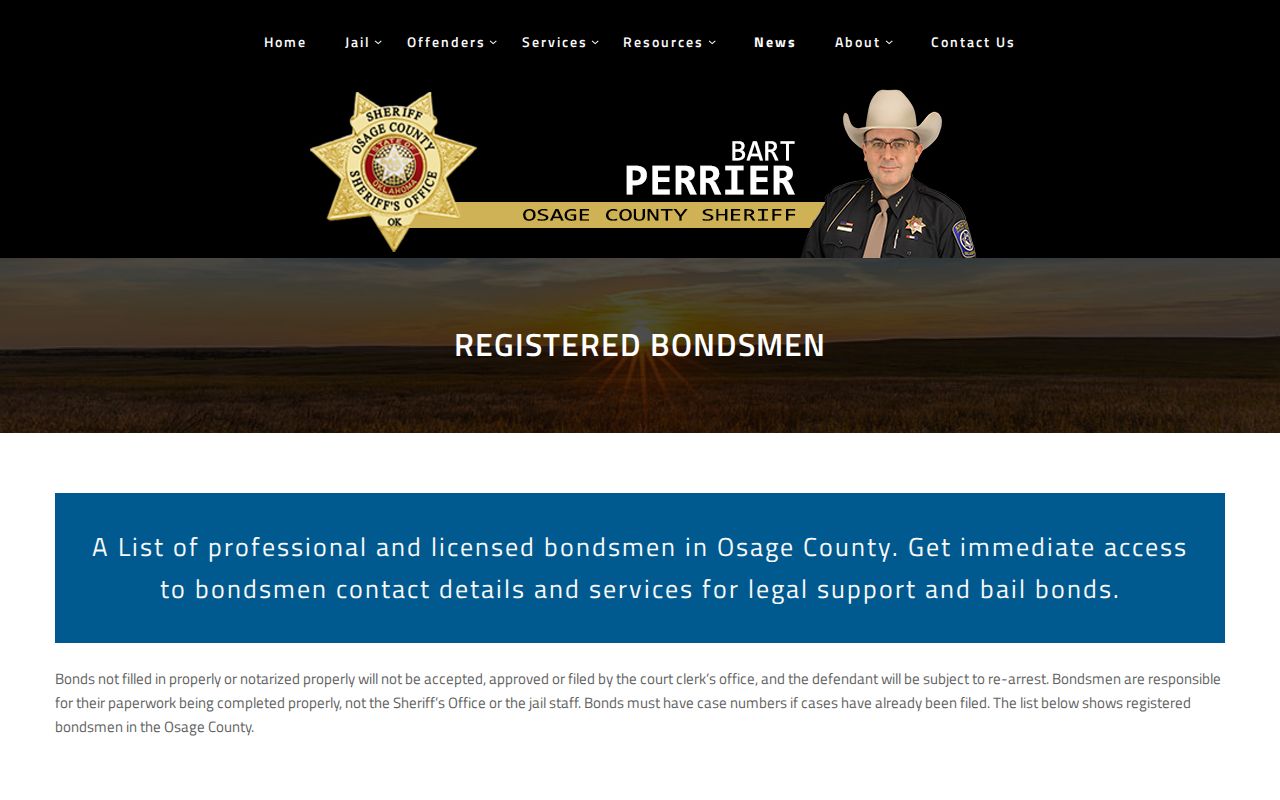 Osage County Sheriff's Office registered bondsmen information page about proper bond paperwork