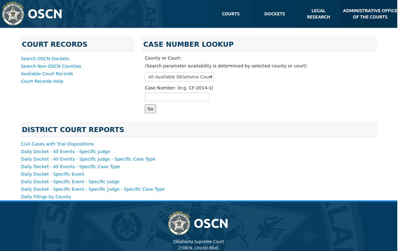 Oklahoma State Courts Network case-number search interface