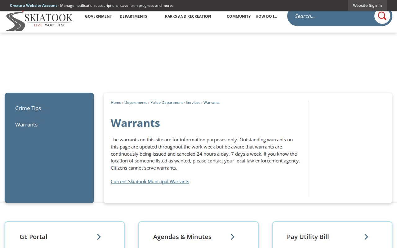 Skiatook municipal warrant page with current city warrant route