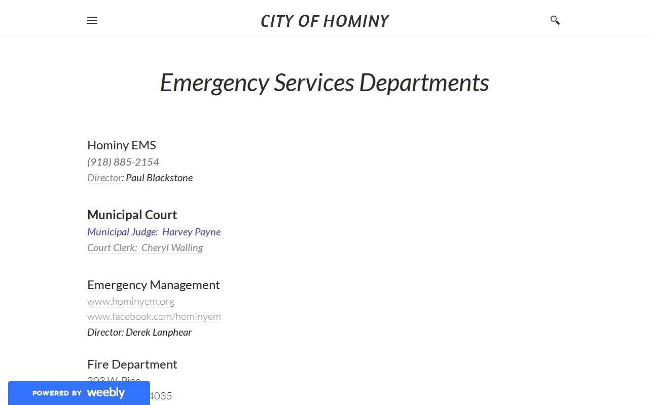 Hominy Police and Municipal Court information from the city emergency services page
