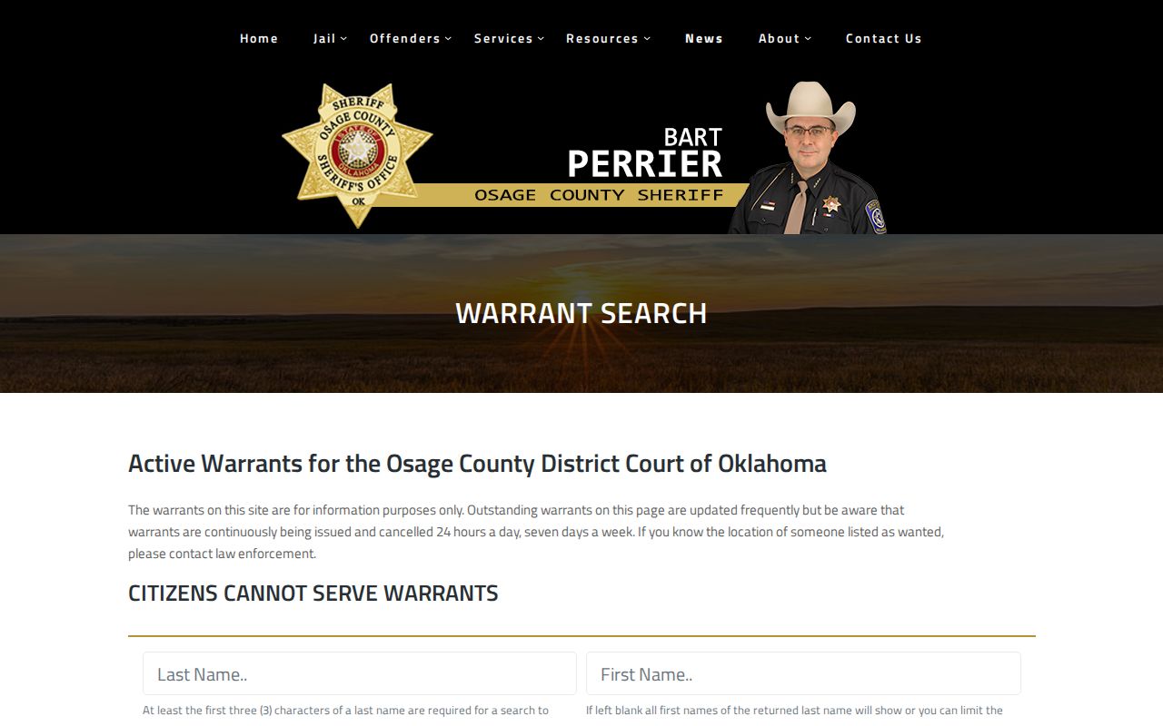 Osage County Sheriff's Office warrant search form with name fields and warning text